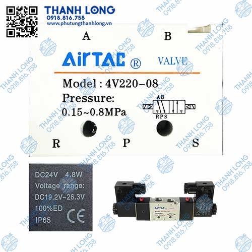 Van khí nén 4V220-08 (5 lỗ) 24V-4.8kW (Airtac)